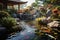 An exquisite painting depicting a serene Japanese garden filled with vibrant koi fish swimming gracefully, A tranquil zen garden