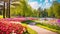 An exquisite painting depicting a stunning path meandering through a vibrant flower garden, Panoramic view to spring flowers in