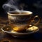 Exquisite Porcelain Cup, Handcrafted with Golden Accents, Emitting a Graceful Plume of Steam from the Tempting Cup of Coffee