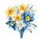 Exquisite Realism: Blue And Yellow Daffodil Arrangement On White Background