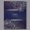 Exquisite royal luxury wedding invitation, gold on blue background with frame and place for text, lacy foliage made of roses or