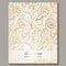 Exquisite royal luxury wedding invitation, gold on white background with frame and place for text, lacy foliage made of roses or