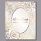 Exquisite royal luxury wedding invitation, gold on white background with frame and place for text, lacy foliage made of roses or