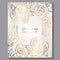 Exquisite royal luxury wedding invitation, gold on white background with frame and place for text, lacy foliage made of roses or