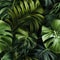 Exquisite seamless pattern showcasing vibrant green tropical monstera leaves against a dark backdrop