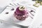 Exquisite Serving Dish with Blueberry Mousse Dessert on Blurred