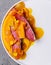 Exquisite serving juicy duck tenderloin with carrot puree