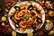 An exquisite shot of a plate piled high with paella, capturing the diverse flavors and textures of the Spanish dish