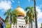 Exquisite Sultan's Mosque with a bright yellow rooftop and lush palm trees in the foreground