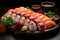 Exquisite Sushi Platter with Vibrant Details, Masterfully Arranged., generative IA