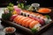 Exquisite Sushi Platter with Vibrant Details, Masterfully Arranged., generative IA