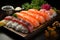 Exquisite Sushi Platter with Vibrant Details, Masterfully Arranged., generative IA