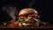 an exquisitely crafted gourmet burger on a dark, elegant background. The composition should accentuate the artistry of