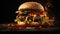 an exquisitely crafted gourmet burger on a dark, elegant background. The composition should accentuate the artistry of