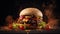 an exquisitely crafted gourmet burger on a dark, elegant background. The composition should accentuate the artistry of