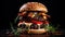 an exquisitely crafted gourmet burger on a dark, elegant background. The composition should accentuate the artistry of