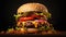 an exquisitely crafted gourmet burger on a dark, elegant background. The composition should accentuate the artistry of