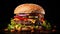 an exquisitely crafted gourmet burger on a dark, elegant background. The composition should accentuate the artistry of