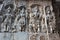 Exquisitely ornated relief carvings on outer wall of Hoysaleswara Temple