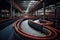 An extensive collection of red hoses fills a massive warehouse, ready for deployment in various industrial applications, Conveyor