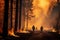 Extensive wildfires raging through national parks and forests. Firefighters battling a large fire. Burning trees