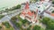 Exterior aerial view of Saint Francis of Assisi Church and Vienna cityscape, Austria