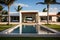 Exterior of amazing modern minimalist cubic villa with large swimming pool among palm trees ai generated