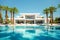 Exterior of amazing modern minimalist cubic villa with large swimming pool among palm trees. Created with generative Ai