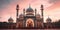 Exterior of a beautiful ornate muslim religious mosque at sunset. Generative ai