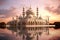 Exterior of a beautiful ornate muslim religious mosque at sunset. Generative ai