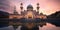 Exterior of a beautiful ornate muslim religious mosque at sunset. Generative ai