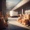 the exterior of a bustling logistics warehouse with its door wide open. A delivery van, heavily loaded with neatly
