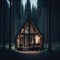 Exterior Cottage House, Large Glass Windows, Wood Structure, Deep Forest, Night, generative AI