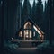 Exterior Cottage House, Large Glass Windows, Wood Structure, Deep Forest, Night, generative AI