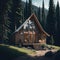 Exterior Cottage House, Large Glass Windows, Wood Structure, Deep Forest, Sunny day, generative AI