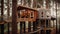 The exterior design of modern wooden Scandinavian treehouse with tall trees in forest and lake view. Generative AI AIG30