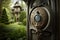 an exterior doorbell in an old victorian-style home, with a view of verdant gardens
