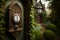 an exterior doorbell in an old victorian-style home, with a view of verdant gardens