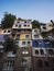 Exterior expressionist architecture facade panorama of colourful Hundertwasserhaus building house wall in Vienna Austria