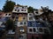 Exterior expressionist architecture facade panorama of colourful Hundertwasserhaus building house wall in Vienna Austria