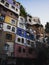 Exterior expressionist architecture facade panorama of colourful Hundertwasserhaus building house wall in Vienna Austria