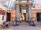 The exterior facade of the ornate colourful entrance gateway to the Saraswati Mahal