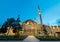 Exterior low angle night shot of Fatih Mosque, an Ottoman imperial mosque located on Istanbul, Turkey