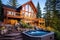 exterior of a luxurious cabin with a hot tub on the deck