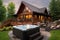 exterior of a luxurious cabin with a hot tub on the deck