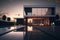 Exterior of a luxury villa with swimming pool, sunset. Modern house. Generative AI