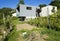 Exterior of a modern colored concrete house. A cube in the middle of the green