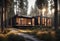 Exterior of modern cozy chalet in beautiful pine forest at sunset. Luxury house in the forest.