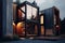 Exterior of modern house with large panoramic widows and terrace. Evening illumination of barnhouse facade. Created with