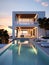 Exterior of modern minimalist cubic villa with swimming pool at sunset